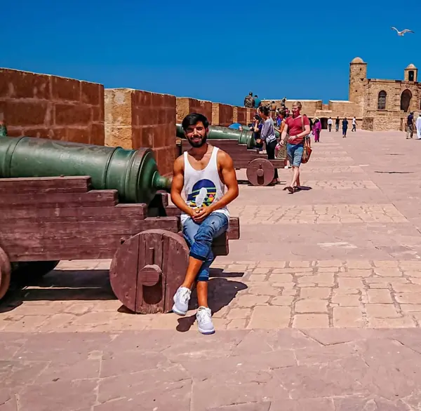 Bronze cannons on the Skala ramparts in Essaouira under a blue sky
